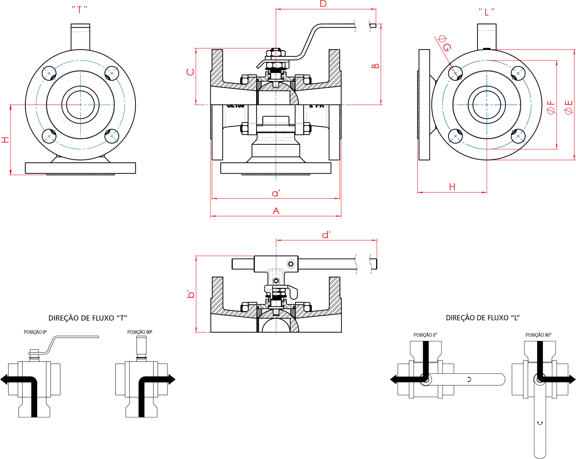 Valvula-de-Esfera-Direcional-de-Fluxo-Flange-Classe-150-T-e-L-desenho