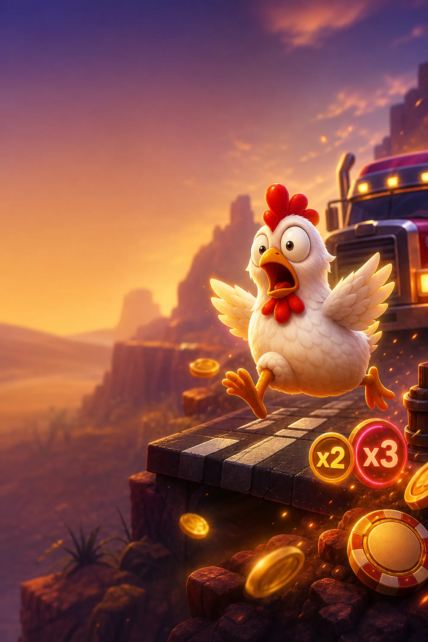 A playful and vibrant illustration featuring a chicken navigating a road, symbolizing the Chicken Road slot game theme.